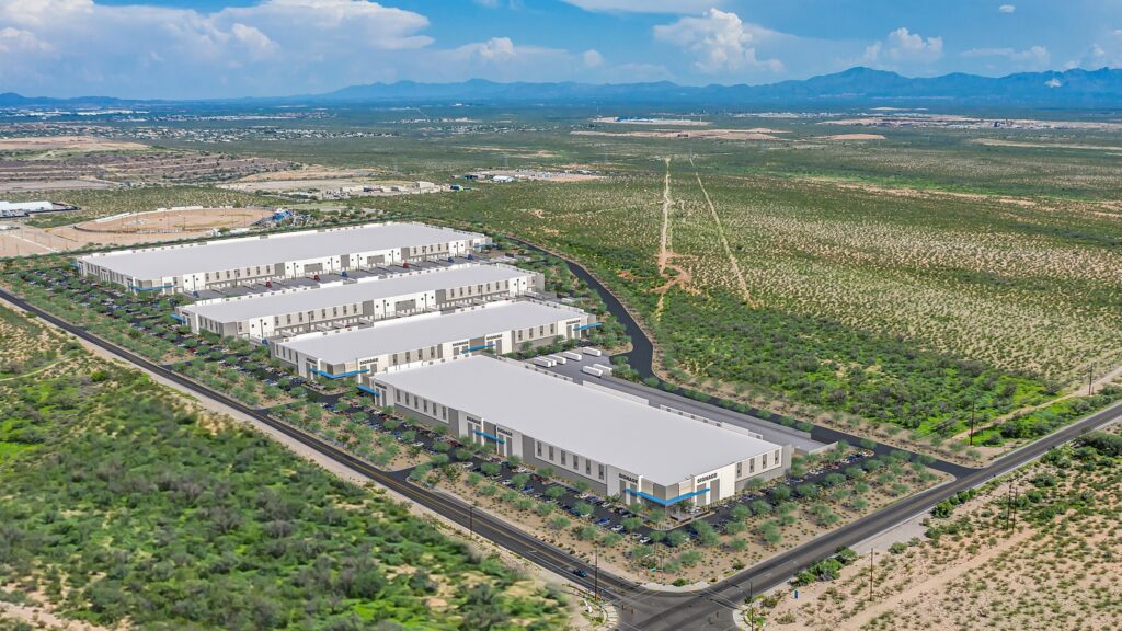 An aerial rendering of the buildings