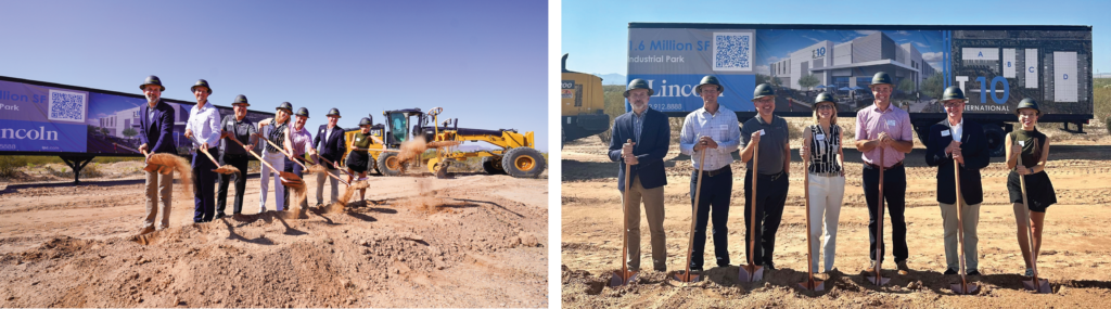 Two photos of the ground breaking event. Left photo shows people shoveling the dirt. Right photo shows people in hard hats holding shovel. 