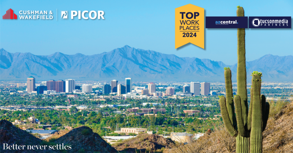 Banner image showing Tucson cityscape with buildings, cactus, Top Work Place logo, and PICOR logo